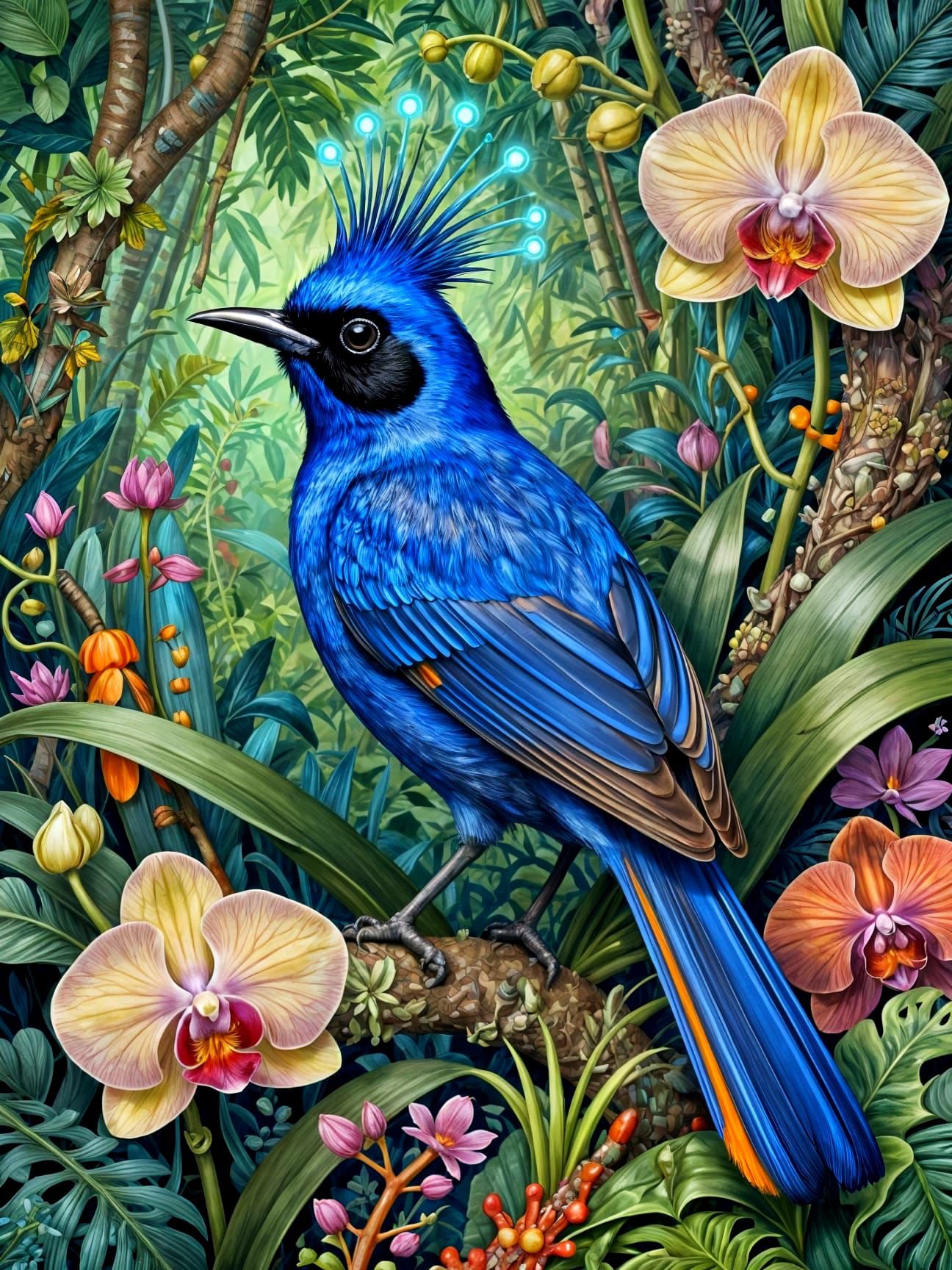 Blue Monarch Oriole with Punk Crest in Surreal Jungle