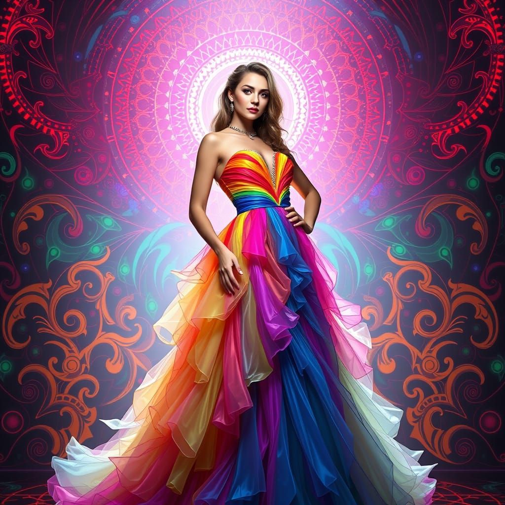 Woman in Rainbow Dress Art Nouveau Style
