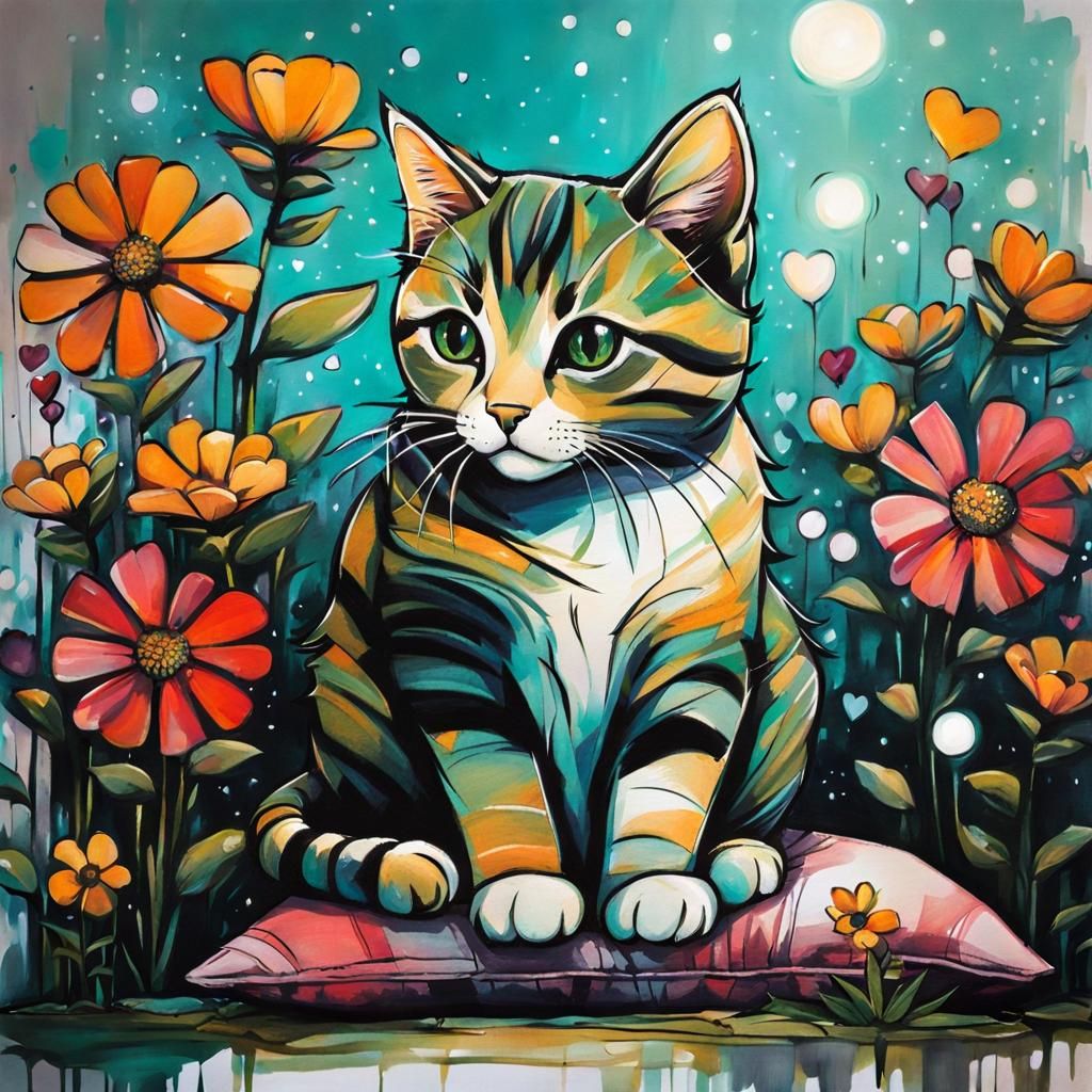 Cat Surrounded by Flowers in Street Art Style