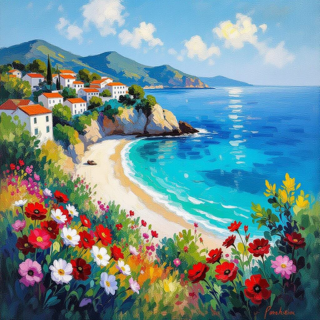 Blooming Hillside Overlooking a Sandy Cove