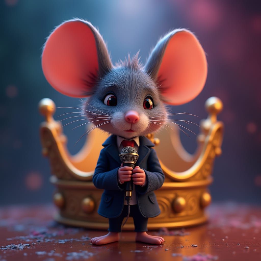 Bashful Mouse in Suit Holds Microphone, Splash Art