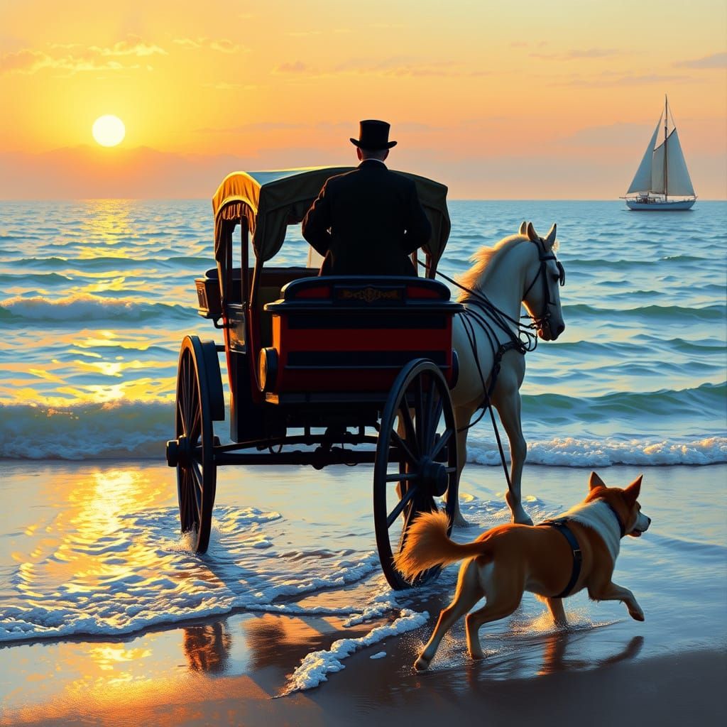 Elegant Horse Carriage at Seaside Sunset with Playful Dog