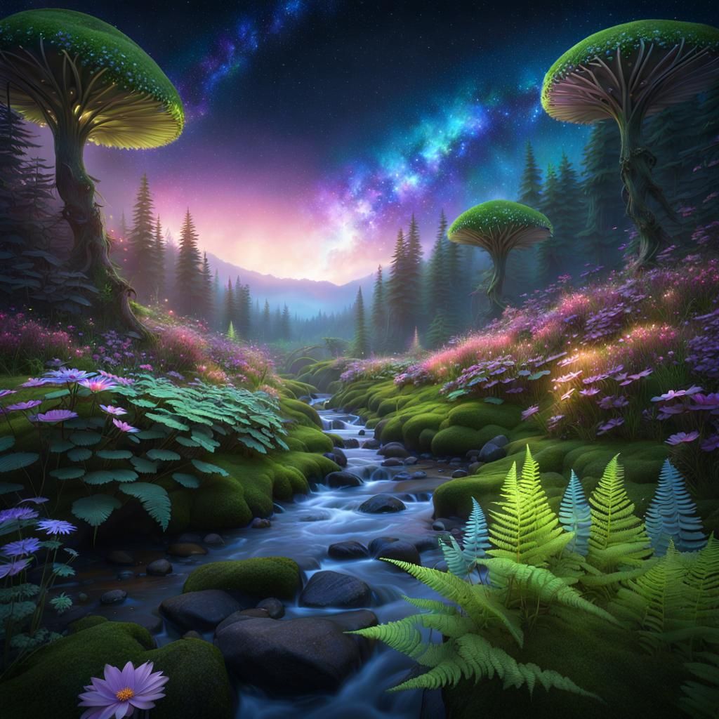 Secret Enchanted Flower Forest Stream: Fantasy Concept Art