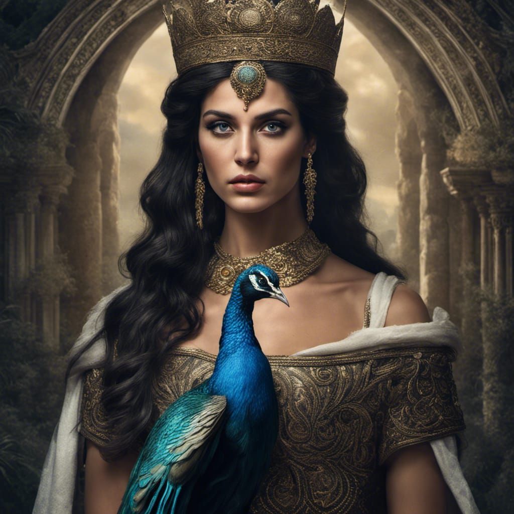Greek Queen Portrait with Peacock, Hyperrealistic Style