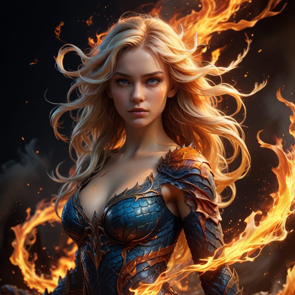 Epic Fantasy Beauty Rides Dragon Amidst Vibrant Flames