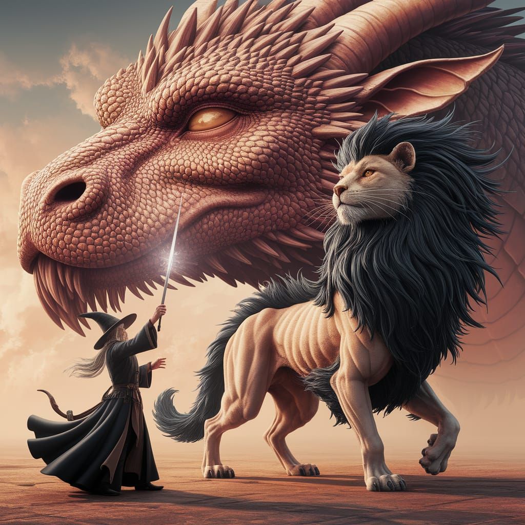 Wizard Conjures Lion-Cat Hybrid With Dragon