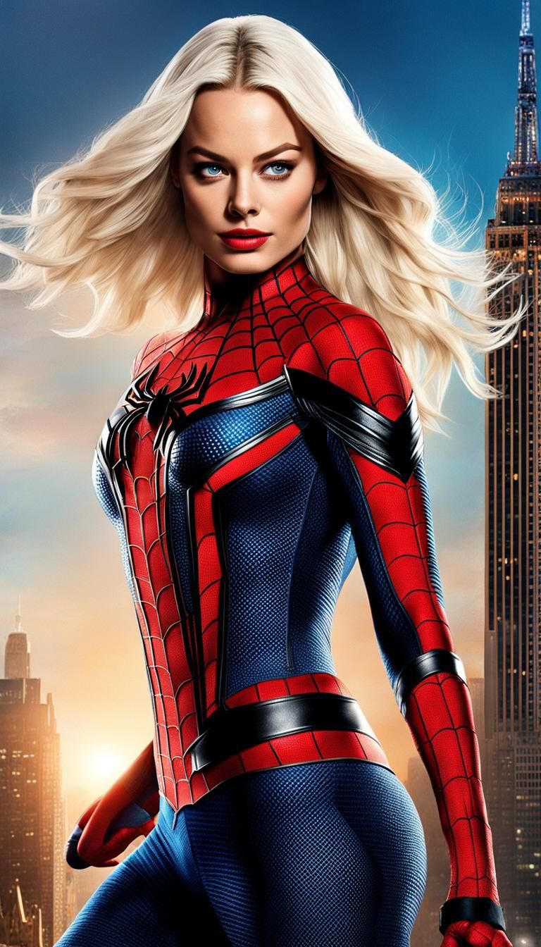 Spider-Woman in White Costume on City Rooftop