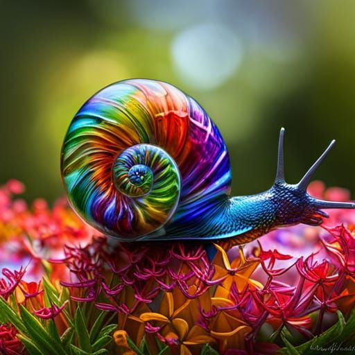 Hyperrealistic Glass Snail Statue with Rainbow Shell