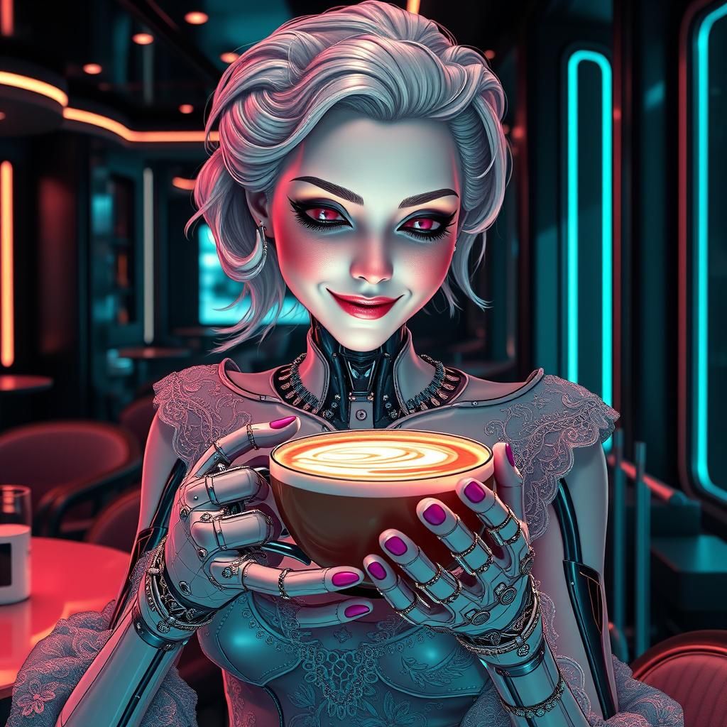 Porcelain delicate Cyborg granma drinking a magic double sup...