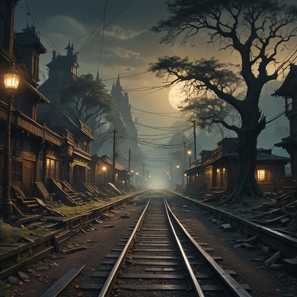 Dreamlike Dark Fantasy Landscape in Volumetric Lighting