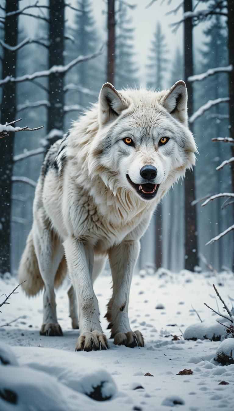 White Wolf Hunting in Snowy Cinematic Scene