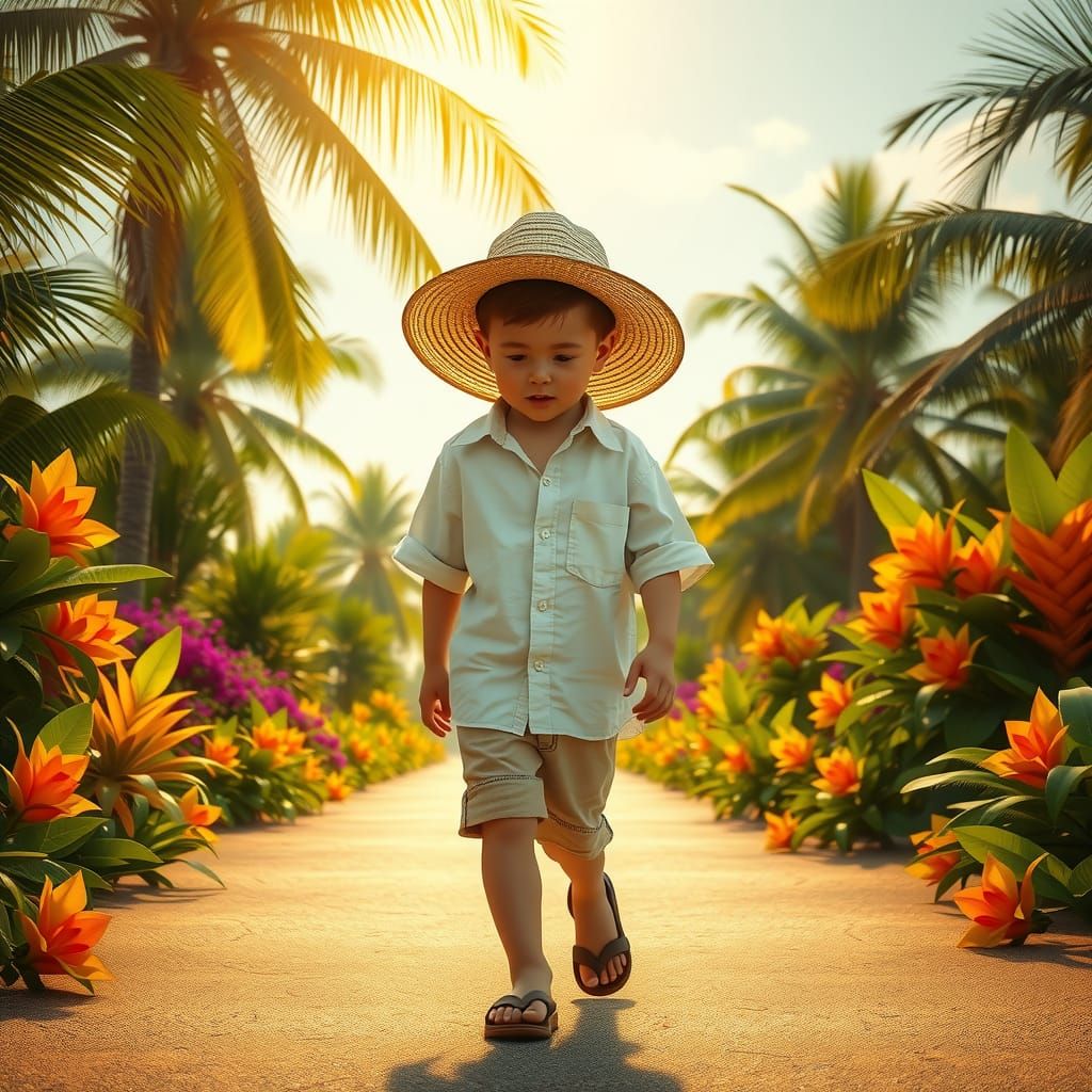 Child's Sunny Beach Walk: Hyperrealistic Tropical Paradise