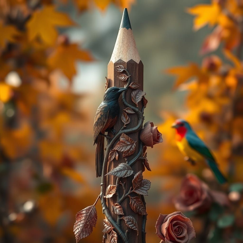 Intricately Carved Wooden Pencil with Autumnal Details