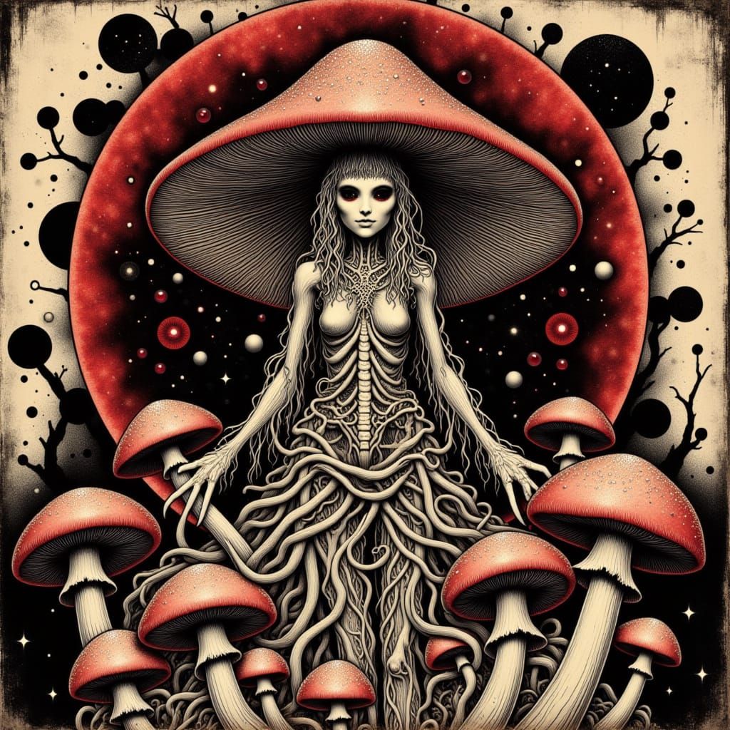 Surreal Art Nouveau Goddess of Death Cap Mushrooms