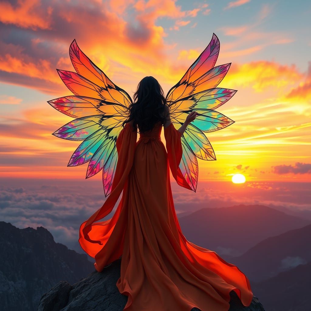 Ethereal Goddess Paints Sunset on Mountain Peak