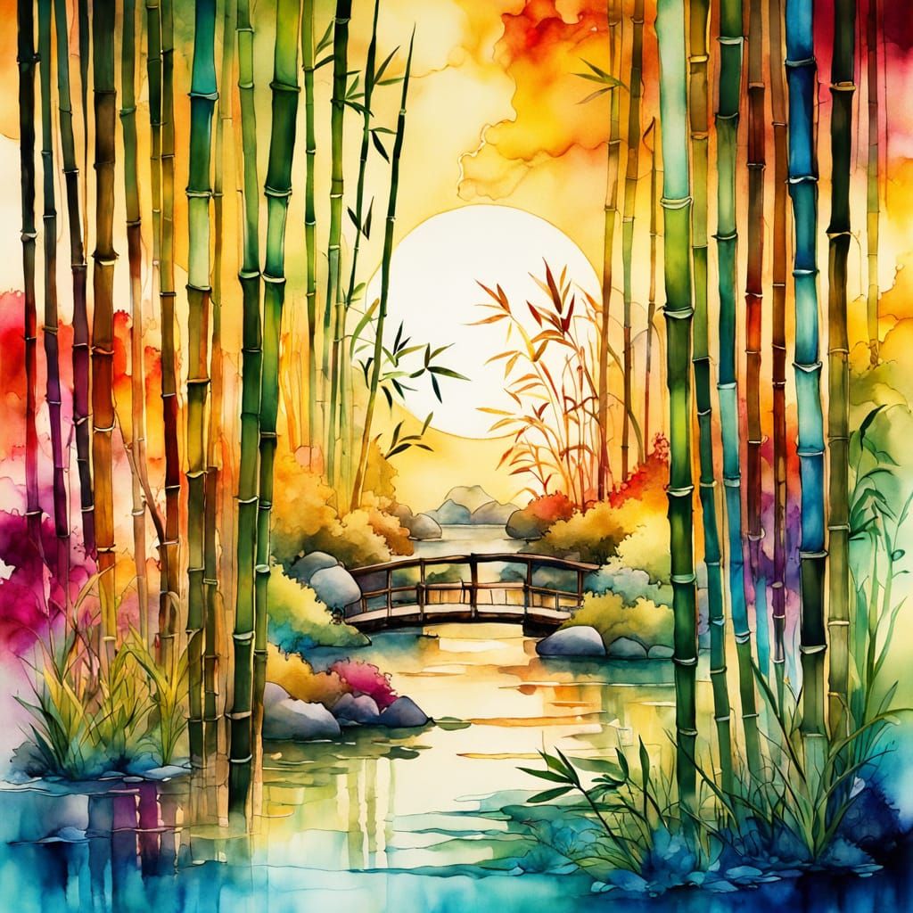 Serene Japanese Bamboo Garden Painting