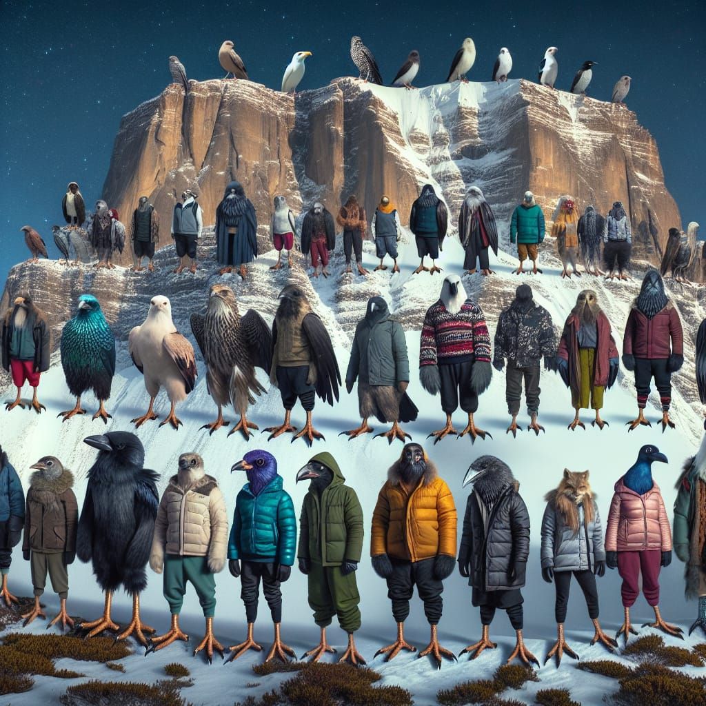 Anthropomorphic Bird People Roosting on Mountain Peak