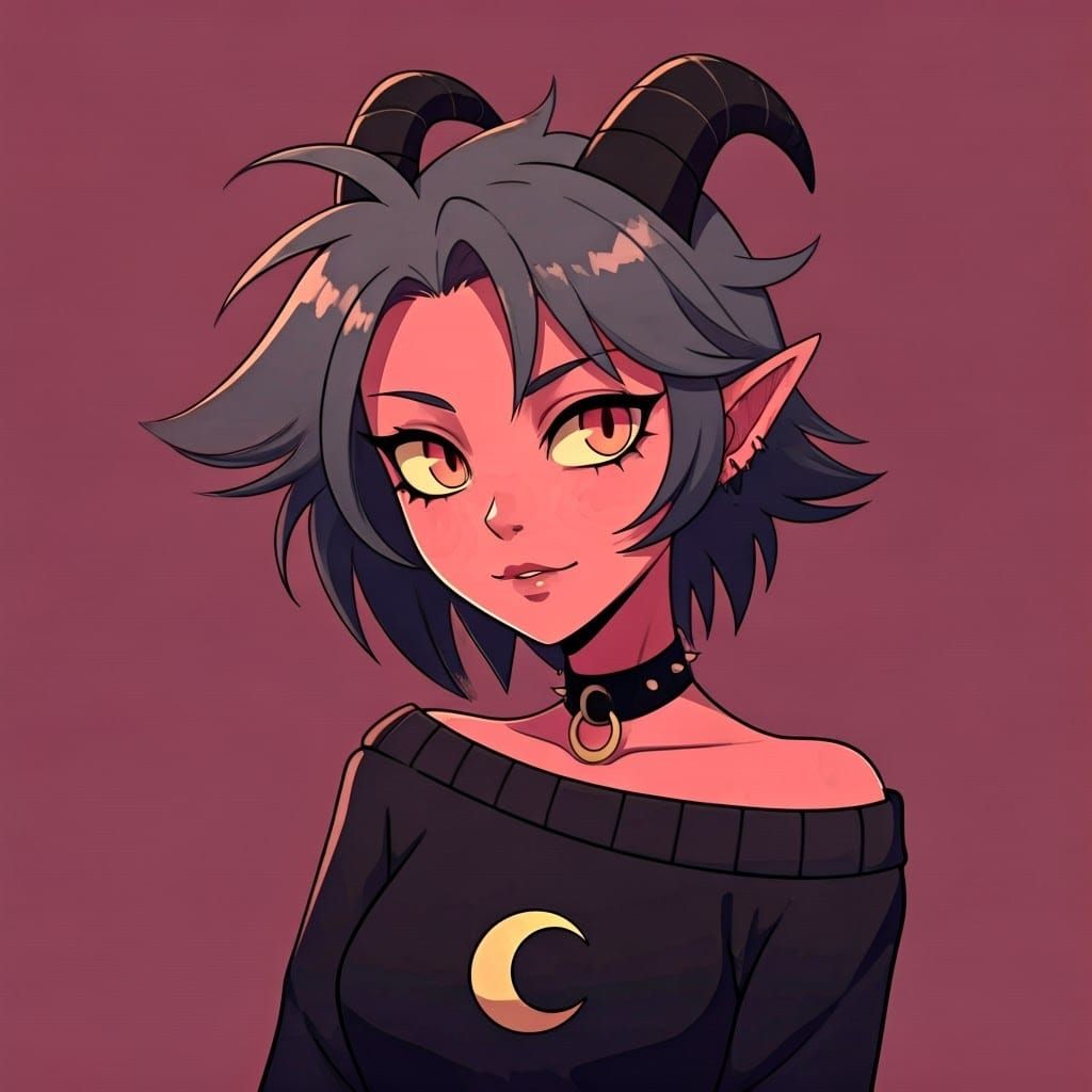 Teenage Imp with Crescent Moon Sweater, Anime Style