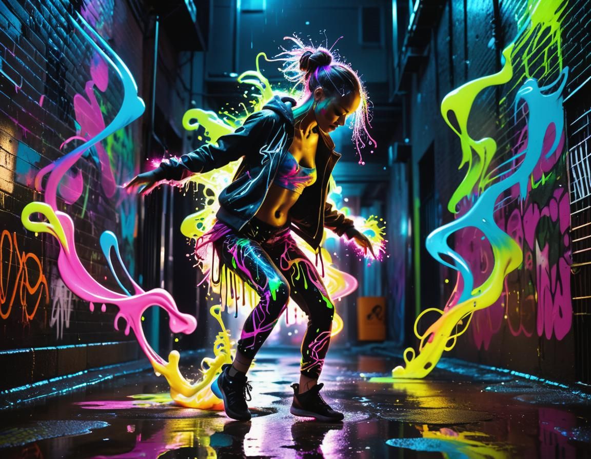 Bioluminescent Neon Ink Dance in Street Art Style