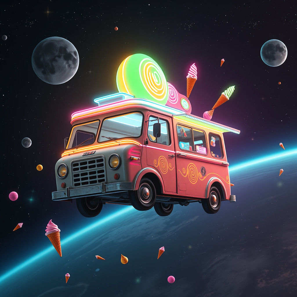 A whimsical ice cream truck that floats in space, with color...