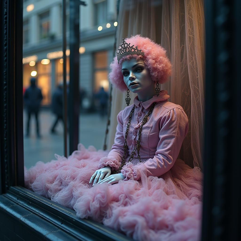 Poodle Mannequin in London Display, Cinematic Still