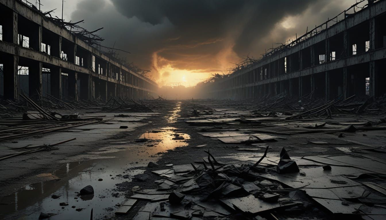 Neo-Brutalist Apocalypse: Fiery Ruins and Shadowy Outcasts