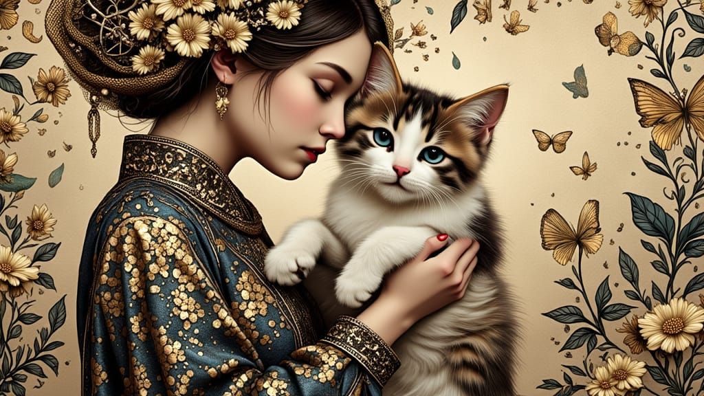 <lora:Minoucheries:1.0> angel holding a cute cat in a golden and black heaven