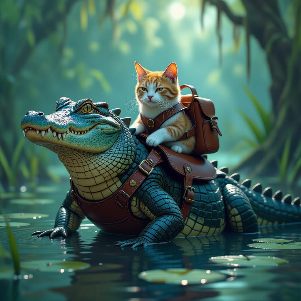 Alligator with Cat Backpack in Fantasy Matte Painting Style