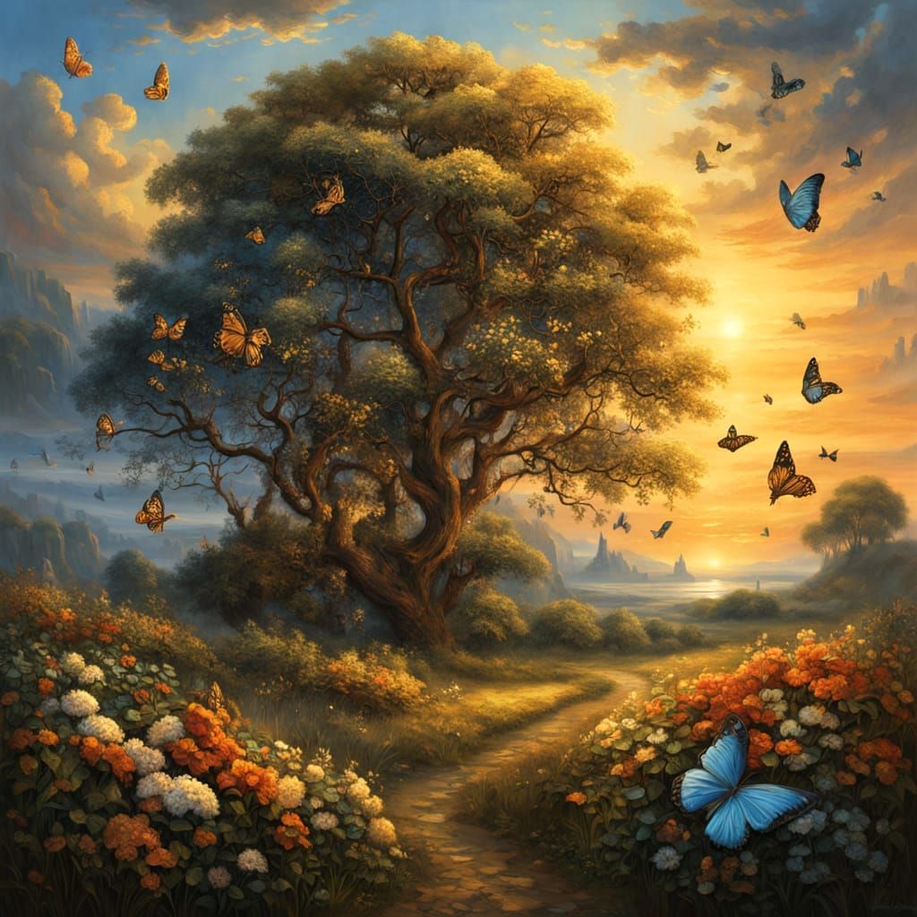 Hydrangea Bush with Butterflies in Renaissance Impressionism