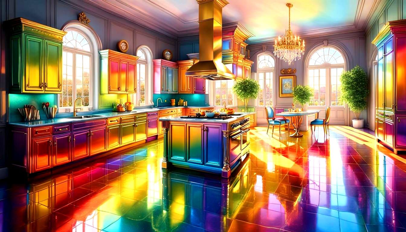 Rainbow Metallic Kitchen in Opulent Mansion: Oil Painting