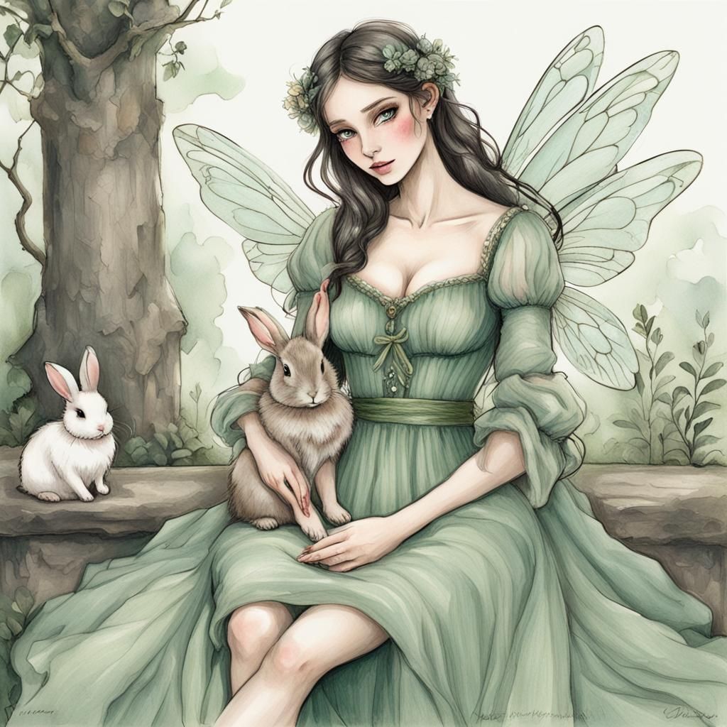 Fairy Woman with Bunny in Green Dress