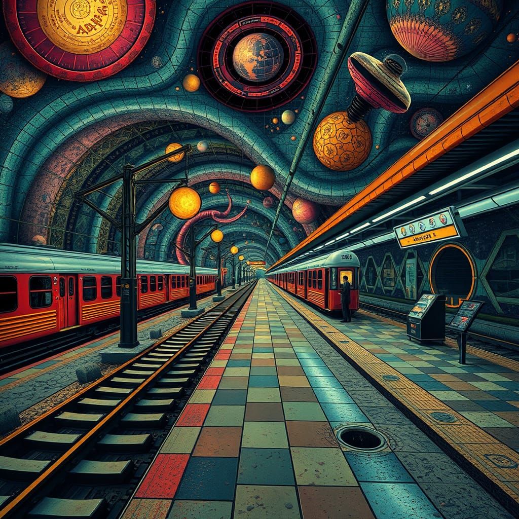 Weird massurrealism cosmic train station