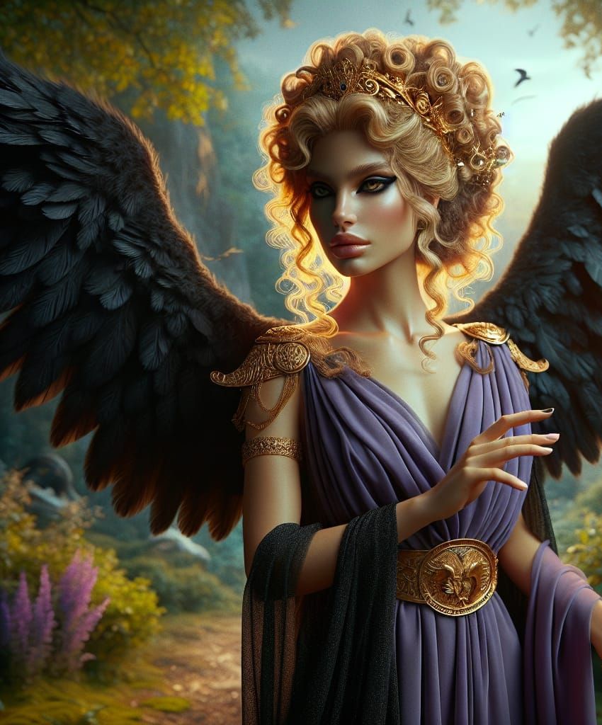 Devious Greek Goddess with Black Wings as Digital Art