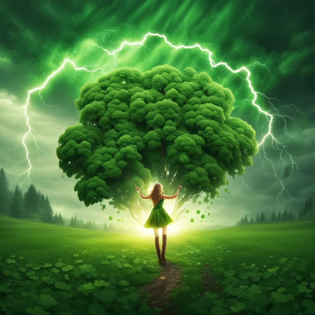Tree Struck by Lightning, Girl with Clover
