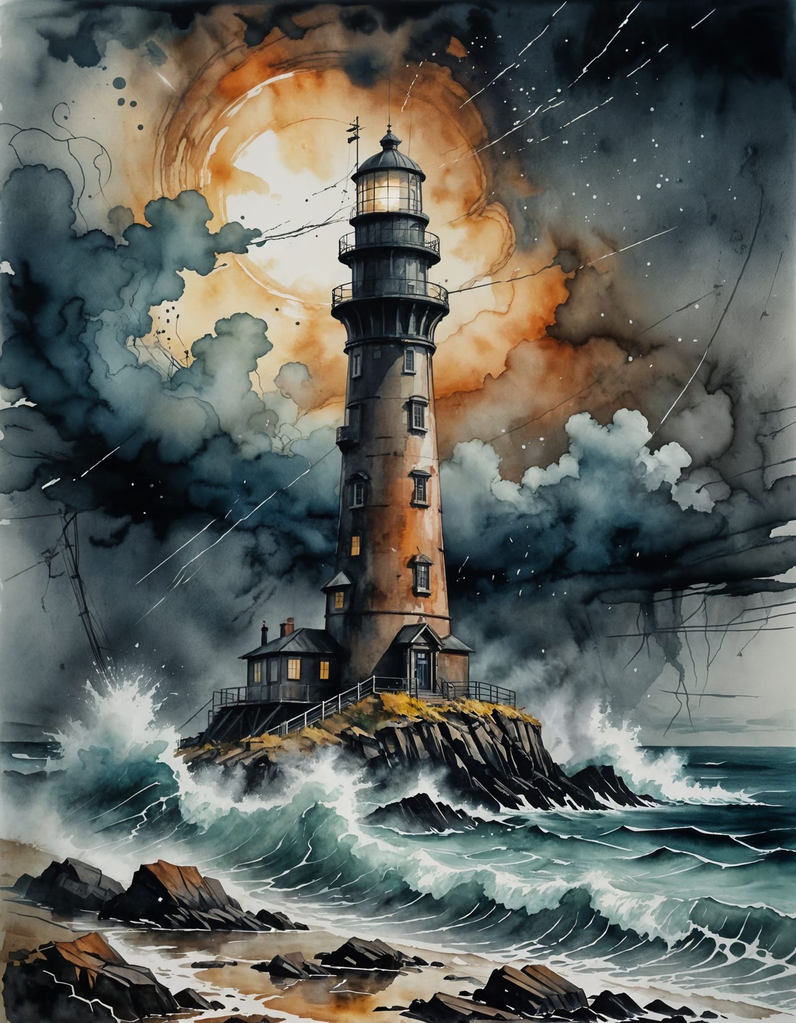 Martian Lighthouse Against Tempestuous Sky, Watercolour Styl...
