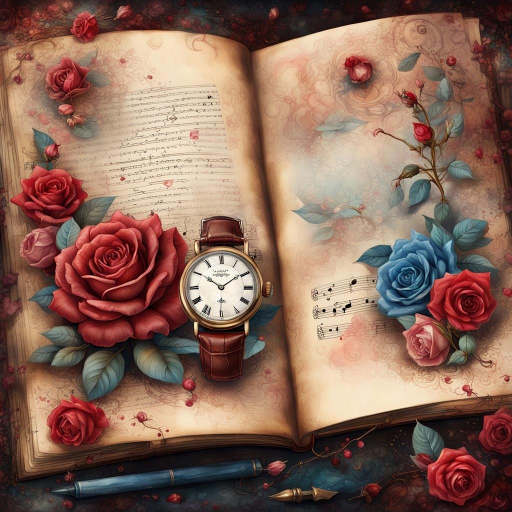 Vintage Journal Page with Red and Blue Roses