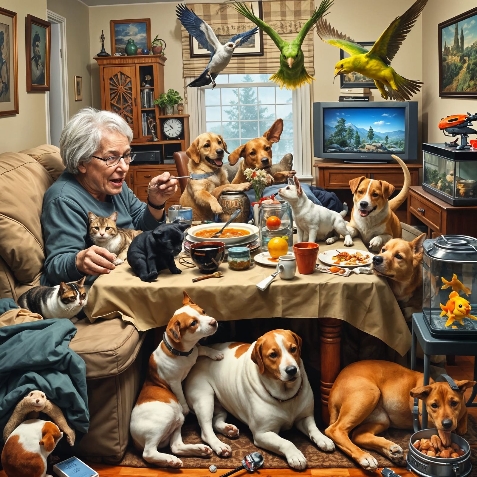 Whimsical Pets in a Messy Apartment Scene