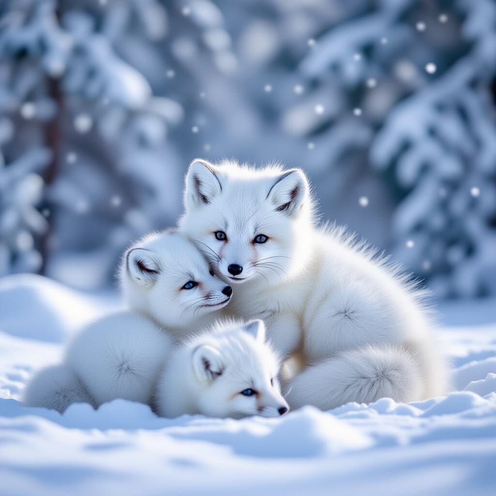 Arctic Fox Family Playing in Snowy Forest