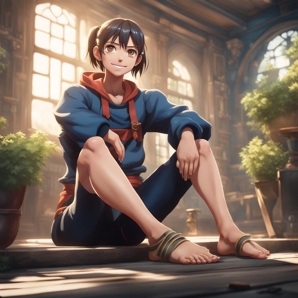 Muscular Anime Woman Sitting Barefoot: High-Quality Anime St...