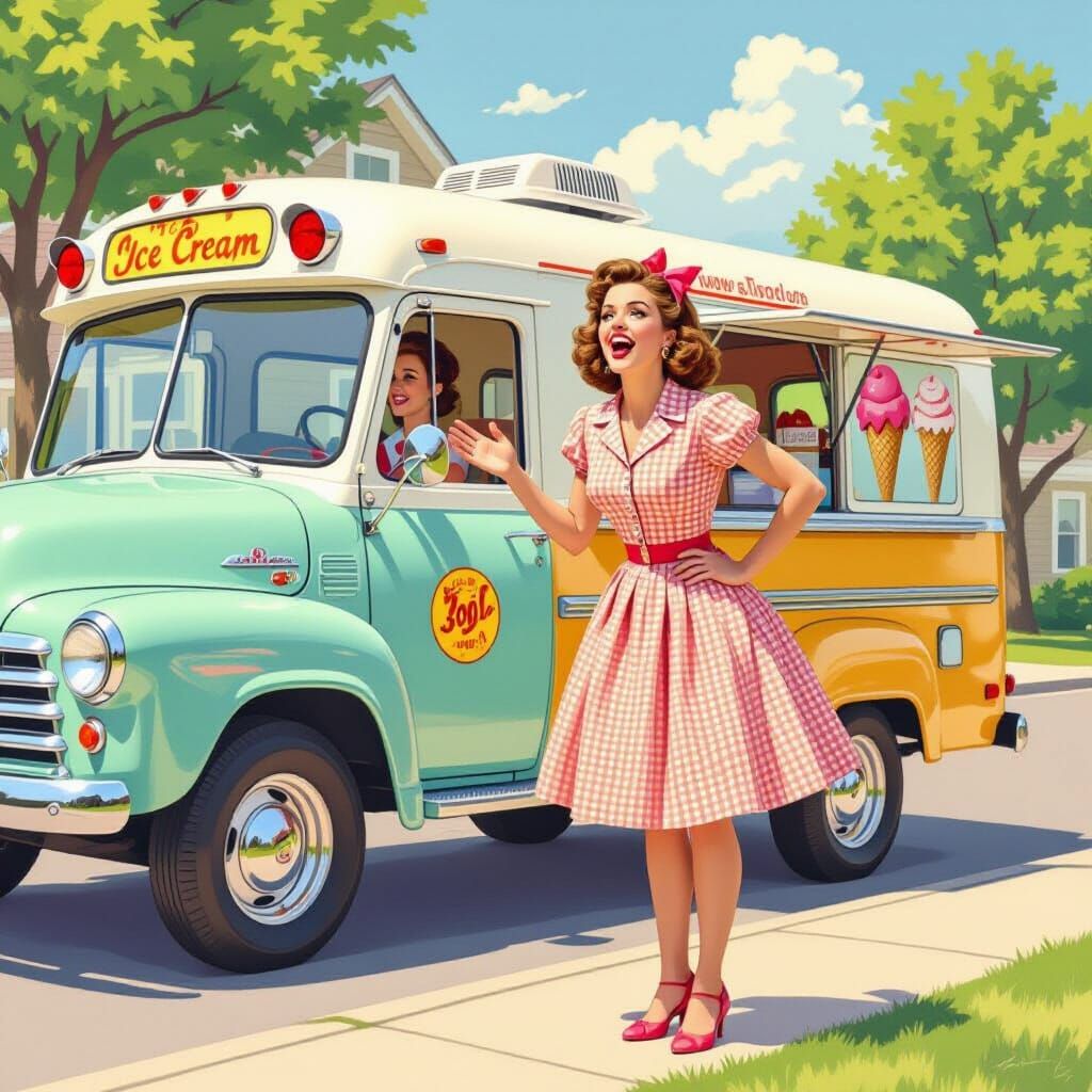 Woman Comically Begs for Ice Cream in Whimsical Digital Art