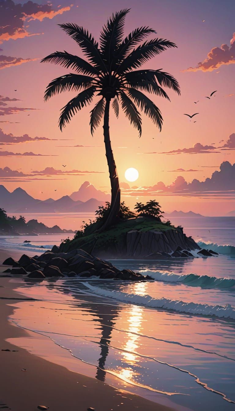 Whimsical Anime Sunset on a Tropical Island