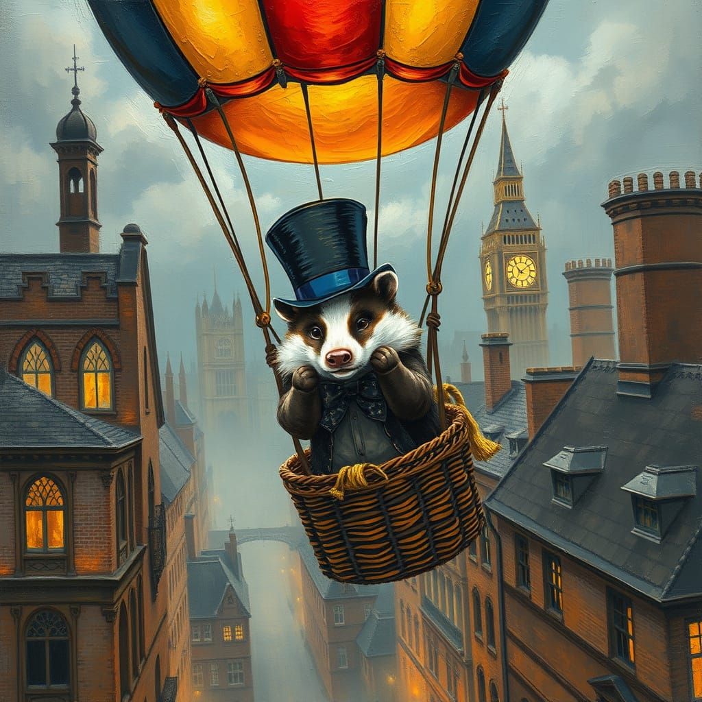 Badger Balloonist Soaring Over Victorian London as Oil Paint...