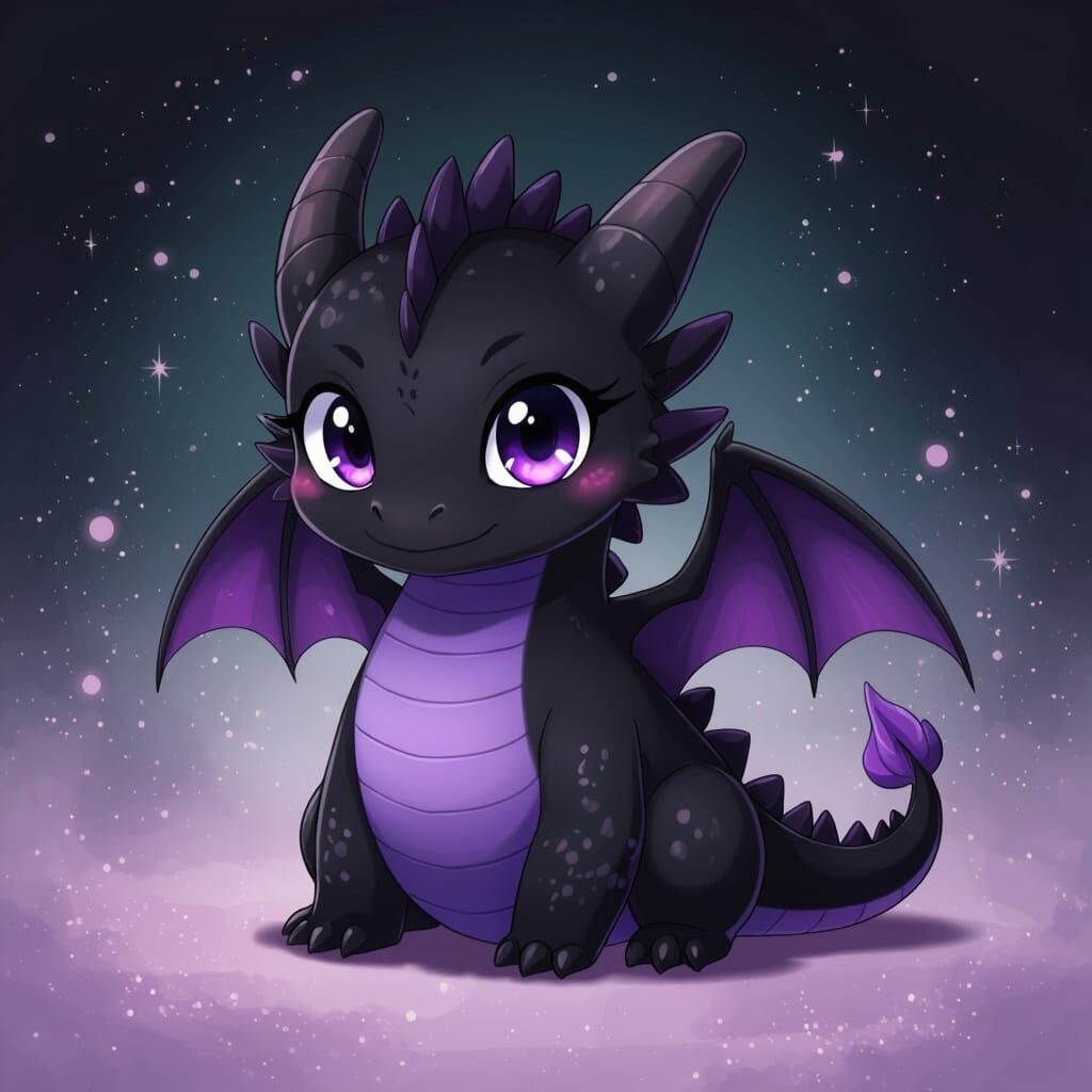 Chibi Black Dragon with Purple Wings, Anime Style