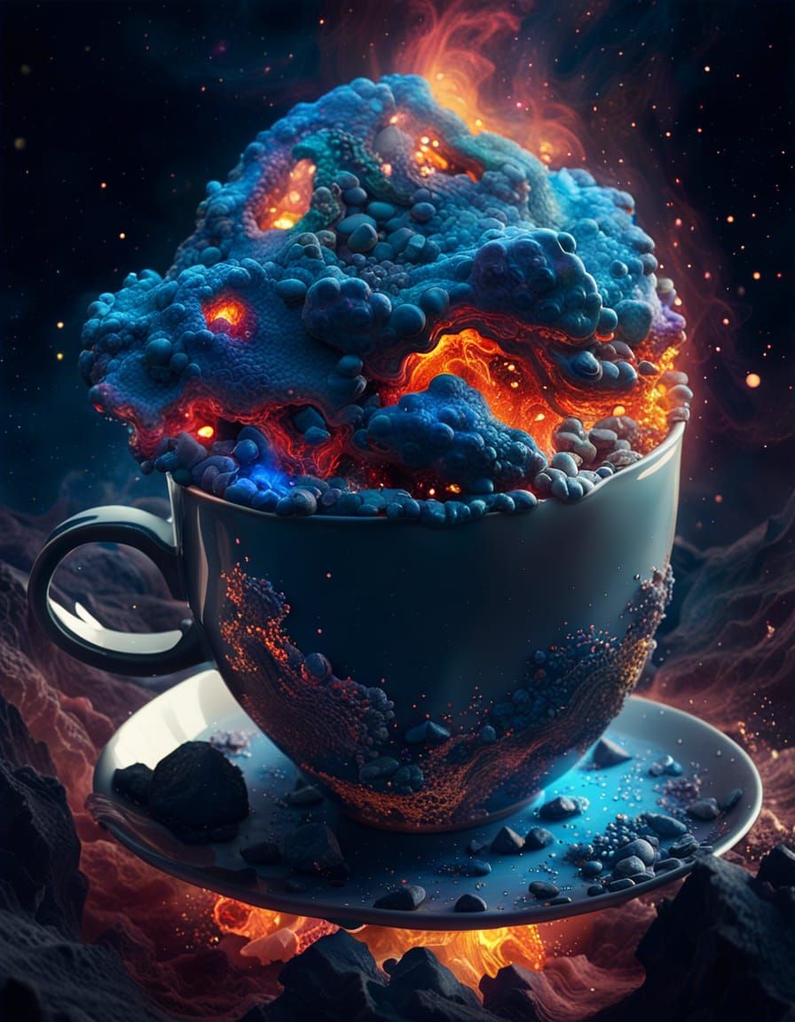 Surreal Teacup in Nebula, Dreamy Aetherpunk Art