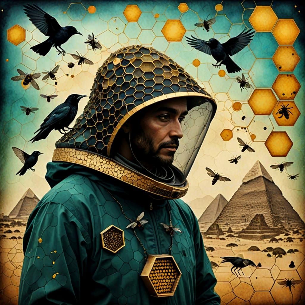 Surrealist Painting of a Beekeeper Among Egyptian Pyramids w...