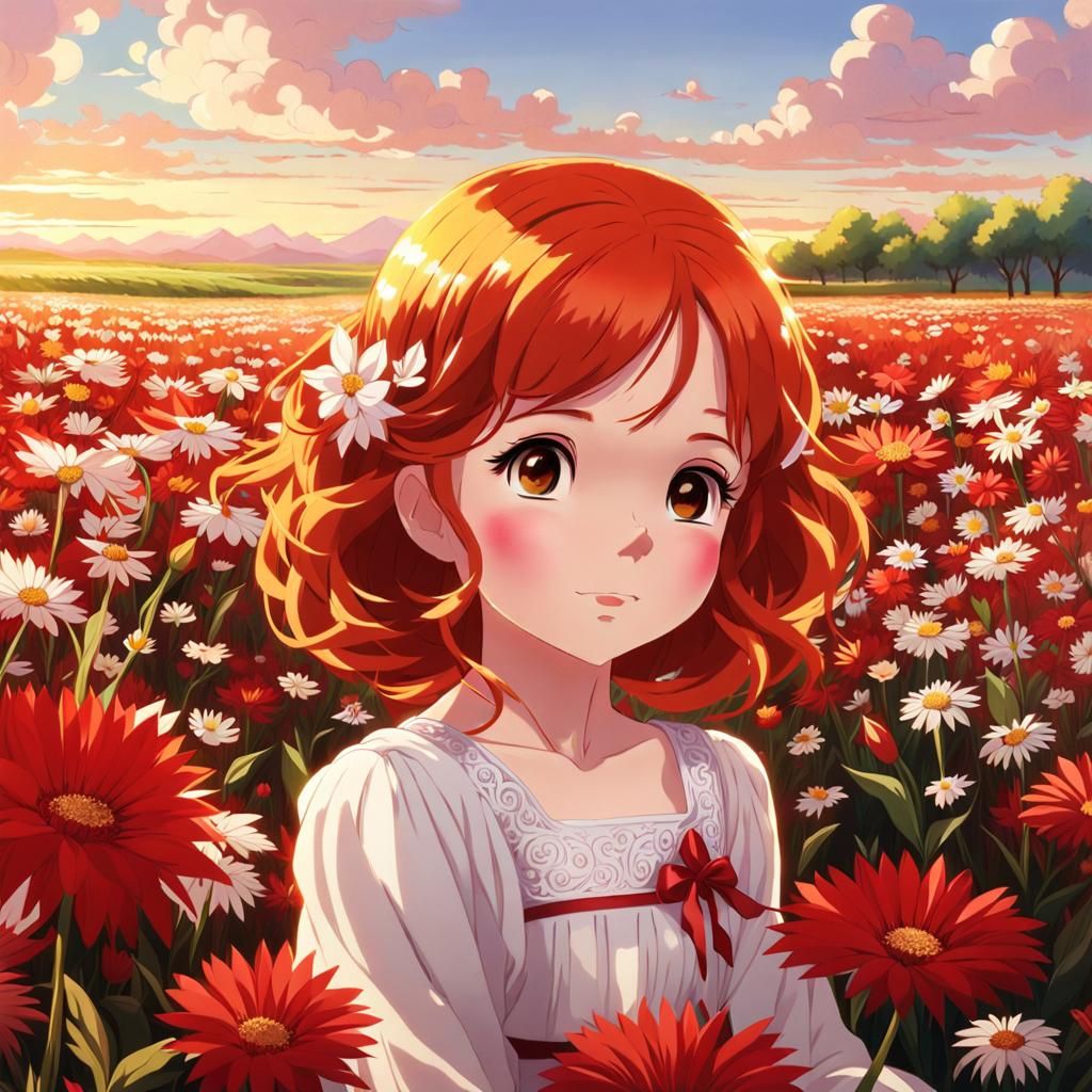 Anime Girl in Flower Field at Golden Hour