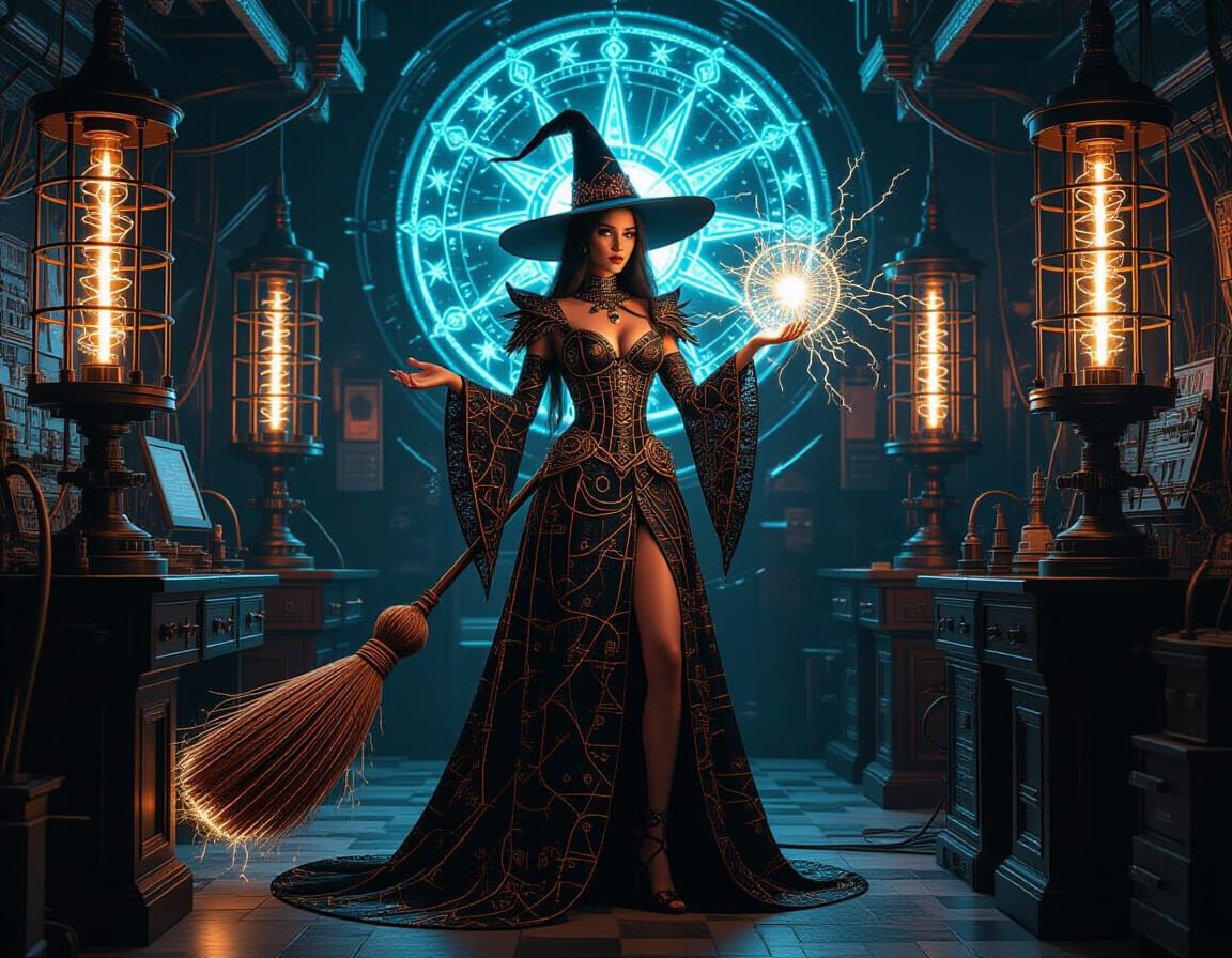 Witch Queen in Teslapunk Lab with Tesla Coils