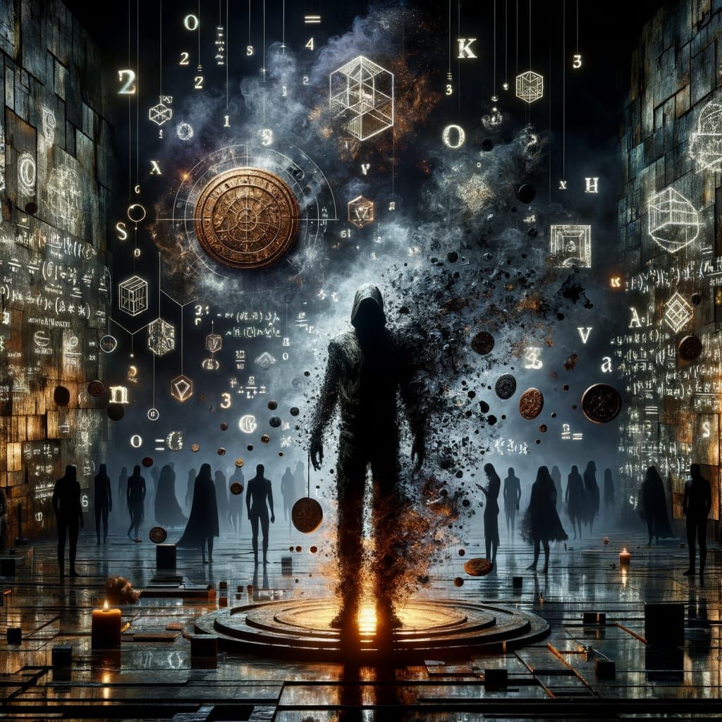 Skeletal Figure in Ruined Hall with Spectral Symbols