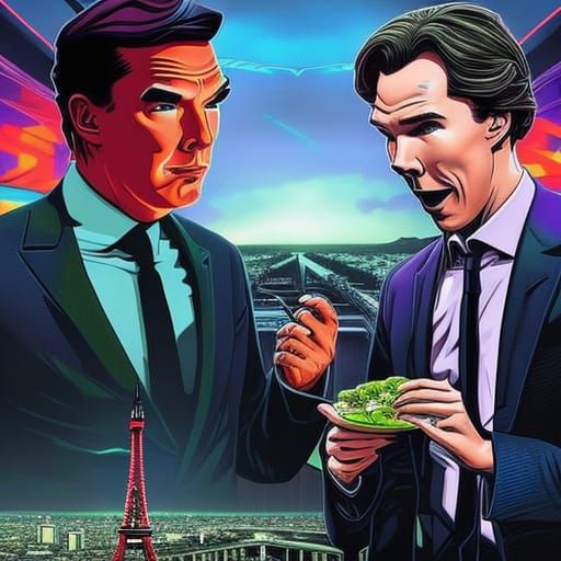 benedict Cumberbatch eating salad with the famous youtube Matpat at the Eiffel tower at the top at dusk while hearing a ...
