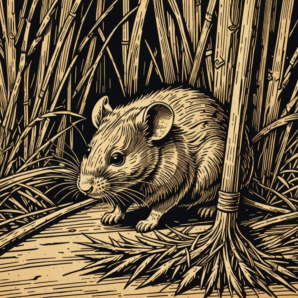 Mouse Hiding Under Broom, Old Woodcut Style